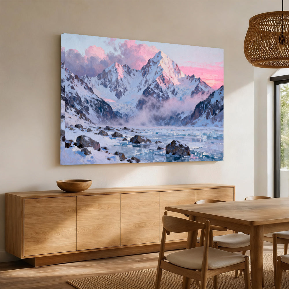 Pink Glacier Morning canvas wall art, angled mockup above a sideboard.