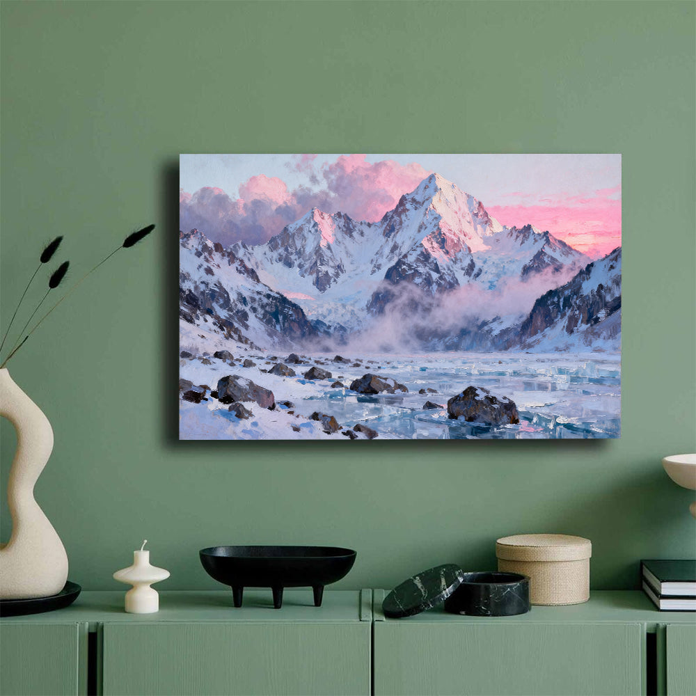Pink Glacier Morning canvas wall art, mockup on a green wall.