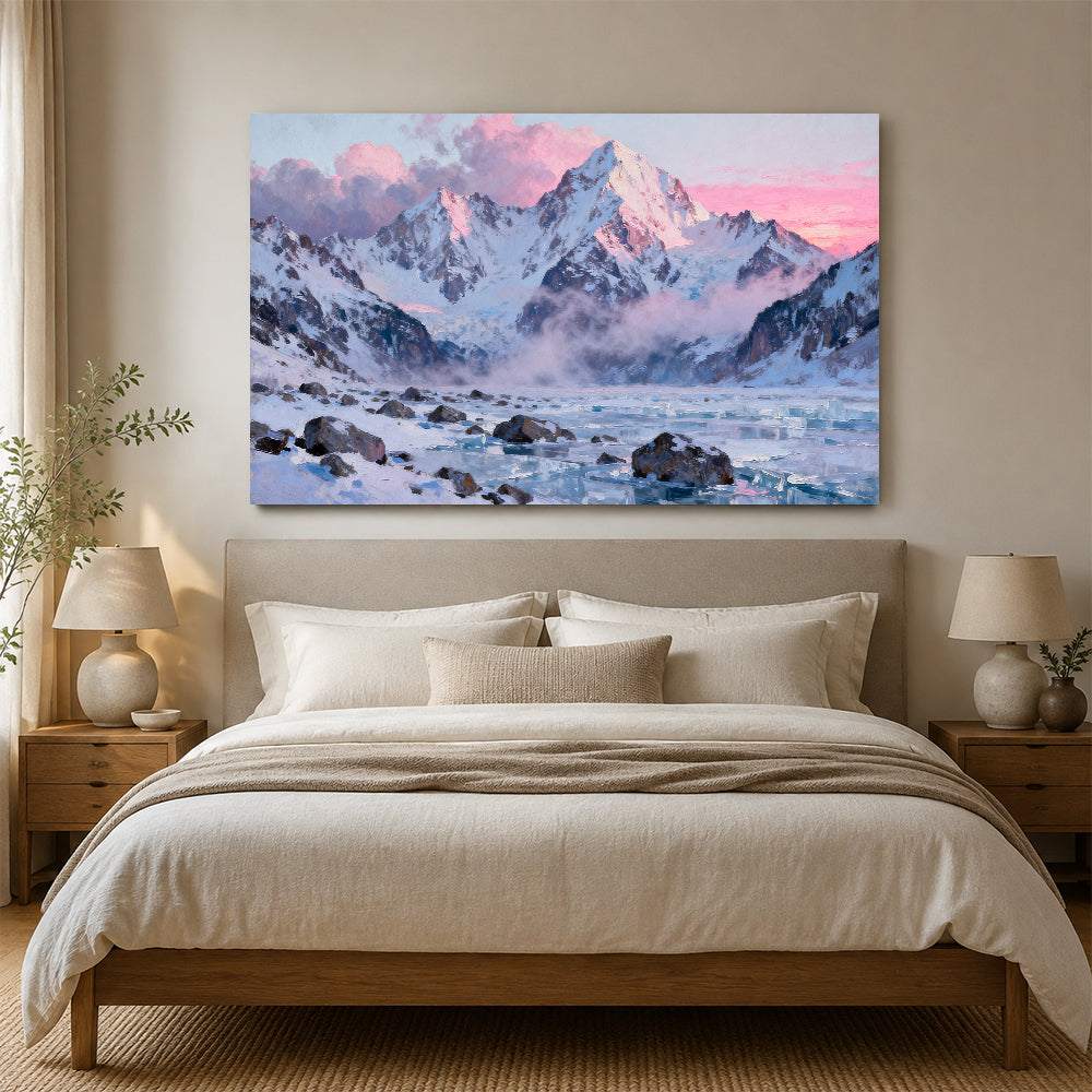 Pink Glacier Morning canvas wall art, bedroom mockup above a bed.
