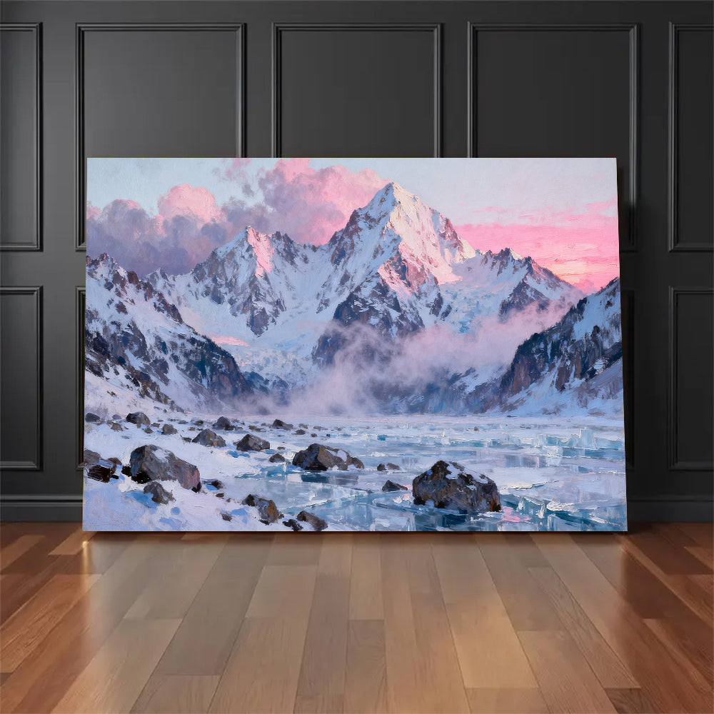 Pink Glacier Morning canvas wall art, floor display against a dark wall.