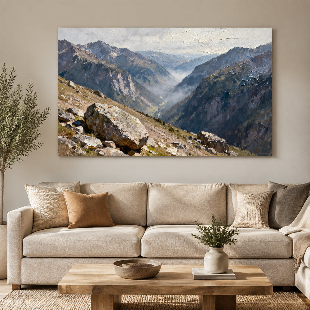 High Valley Stone Vista canvas wall art, living room mockup above a sofa.