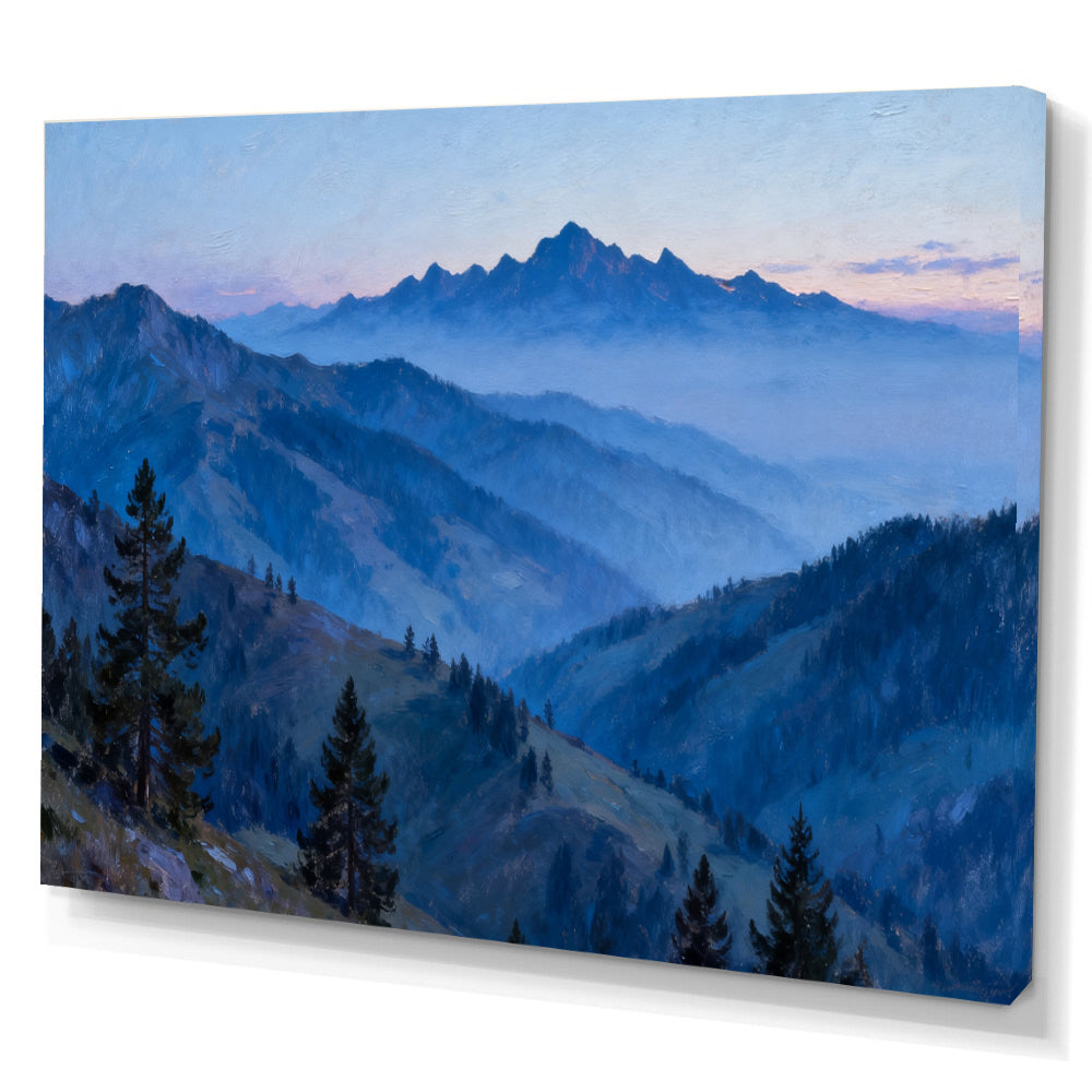 Blue Hour Pine Ridges canvas wall art, angled canvas mockup on a white background.
