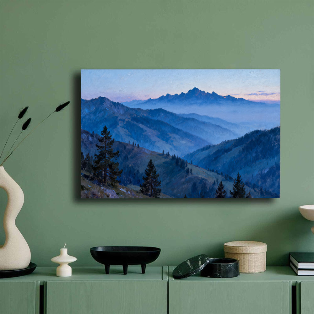 Blue Hour Pine Ridges canvas wall art, mockup on a green wall.