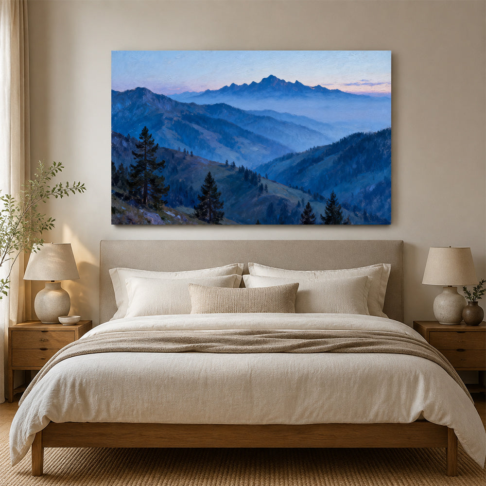 Blue Hour Pine Ridges canvas wall art, bedroom mockup above a bed.