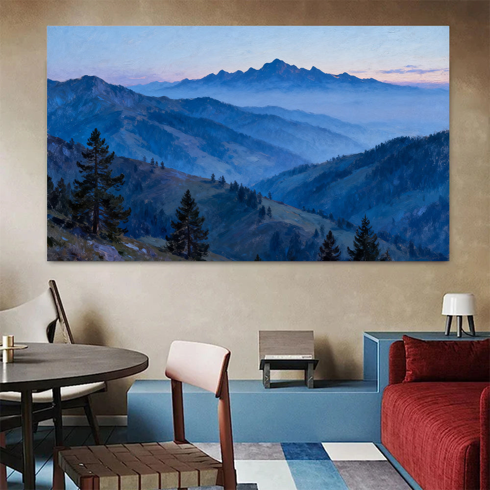 Blue Hour Pine Ridges canvas wall art, colorful room mockup.