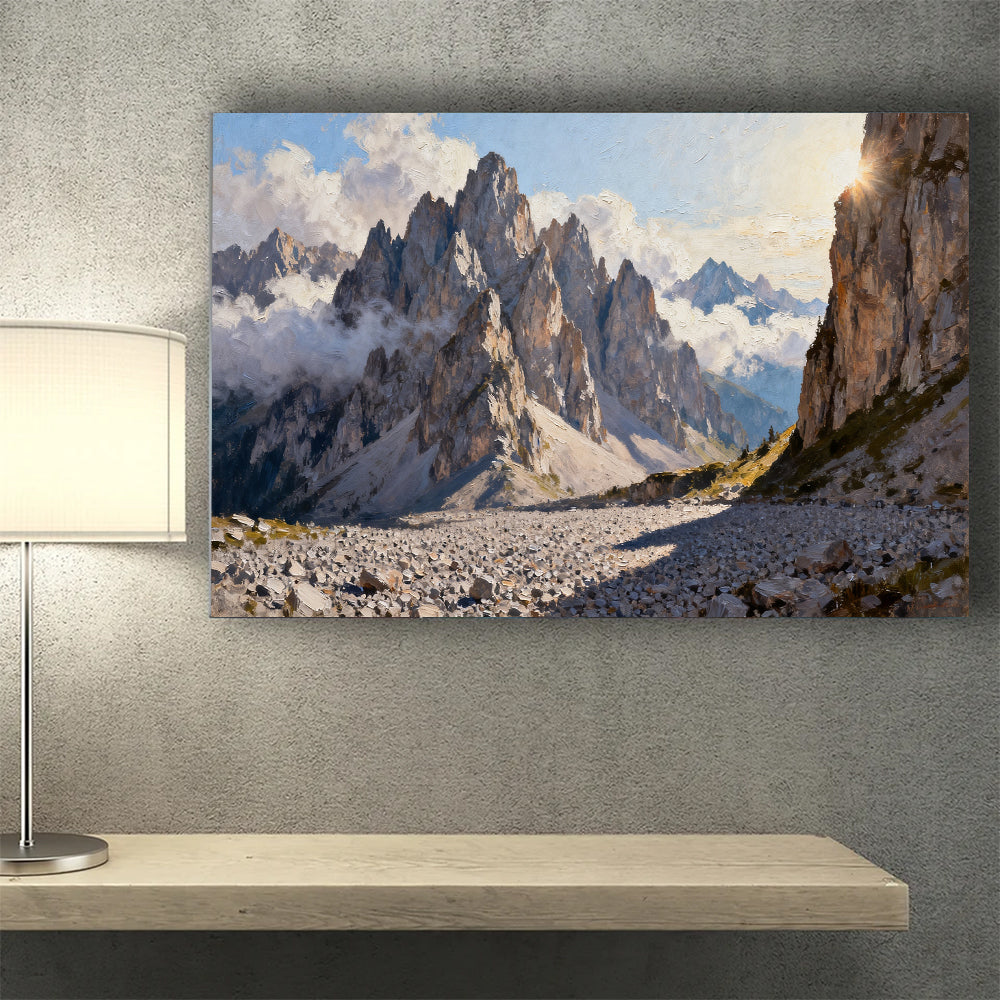Granite Spires and Cloud canvas wall art, wall mockup above a console.