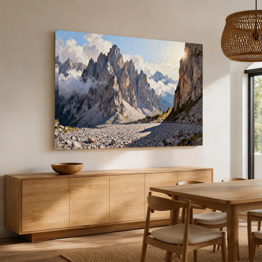 Granite Spires and Cloud canvas wall art, angled mockup above a sideboard.