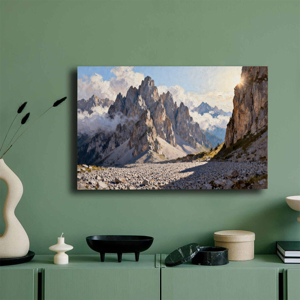 Granite Spires and Cloud canvas wall art, mockup on a green wall.