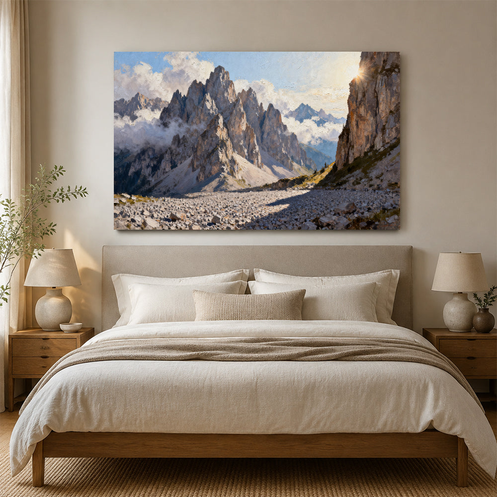 Granite Spires and Cloud canvas wall art, bedroom mockup above a bed.