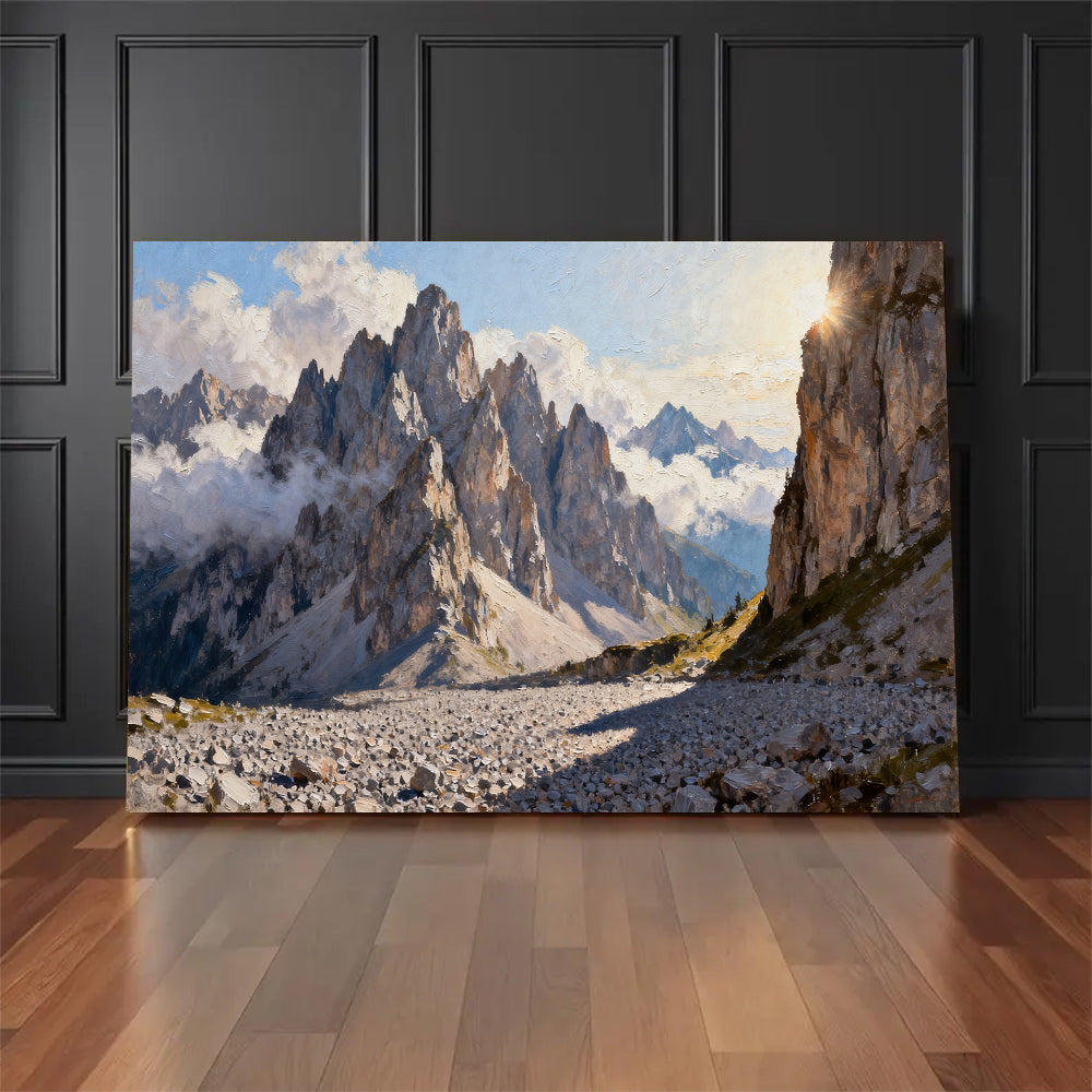 Granite Spires and Cloud canvas wall art, floor display against a dark wall.