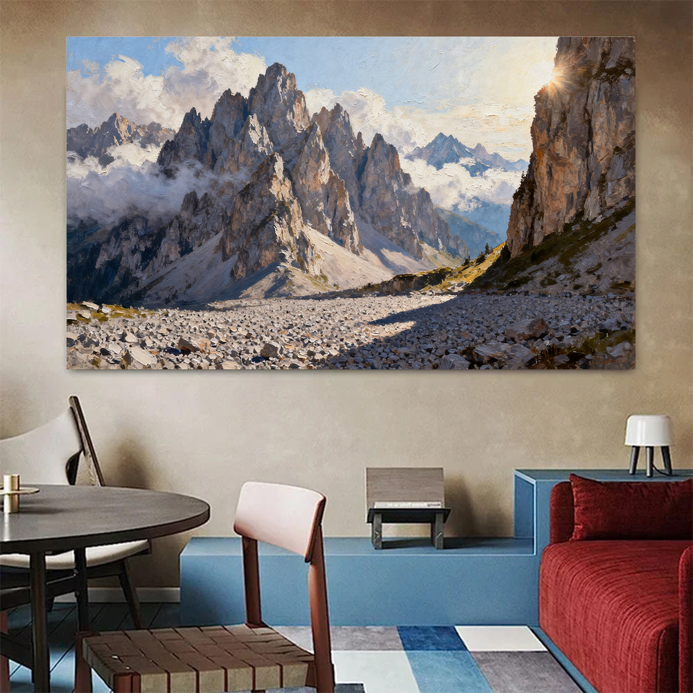 Granite Spires and Cloud canvas wall art, colorful room mockup.