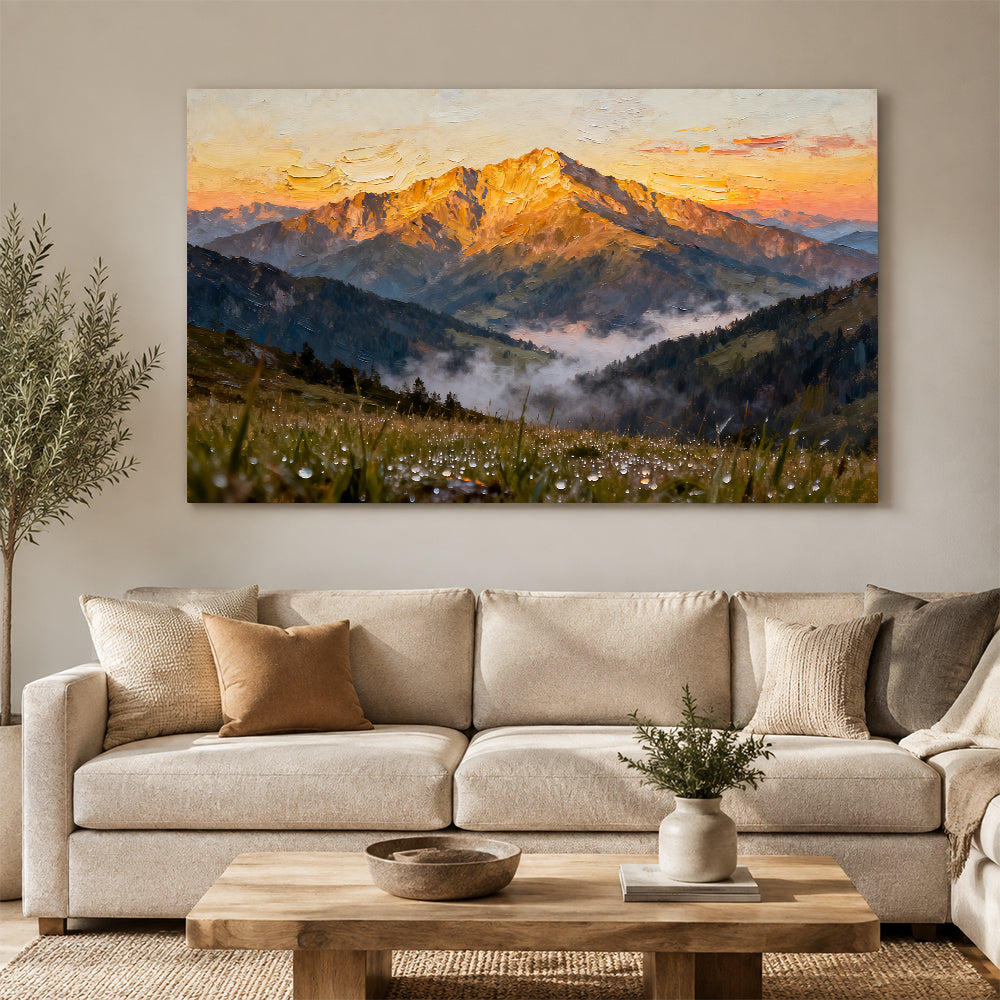 Sunlit Summit Meadow canvas wall art, living room mockup above a sofa.