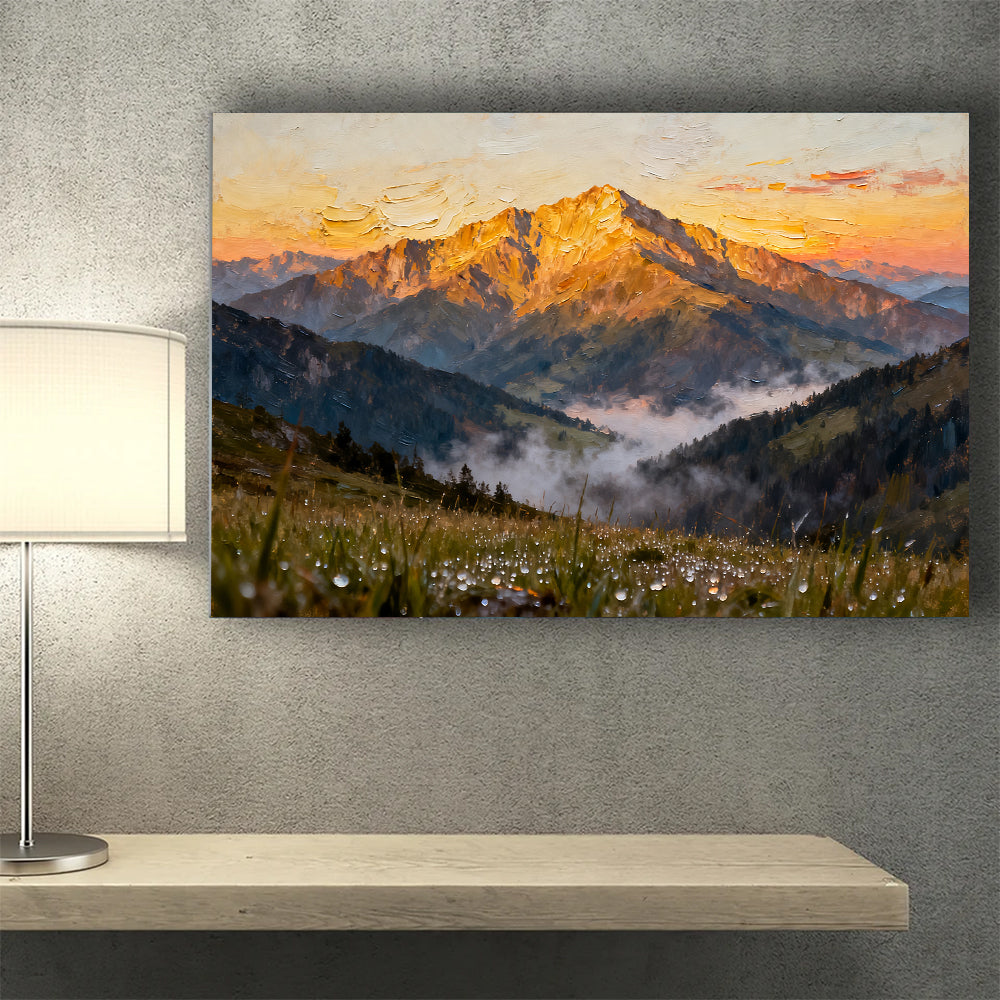 Sunlit Summit Meadow canvas wall art, wall mockup above a console.