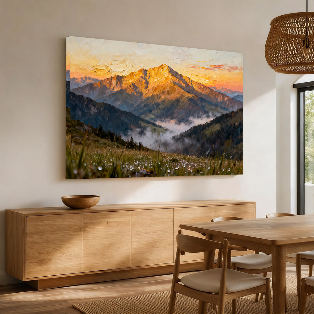Sunlit Summit Meadow canvas wall art, angled mockup above a sideboard.