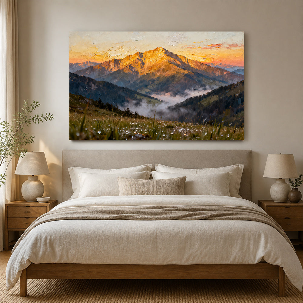 Sunlit Summit Meadow canvas wall art, bedroom mockup above a bed.