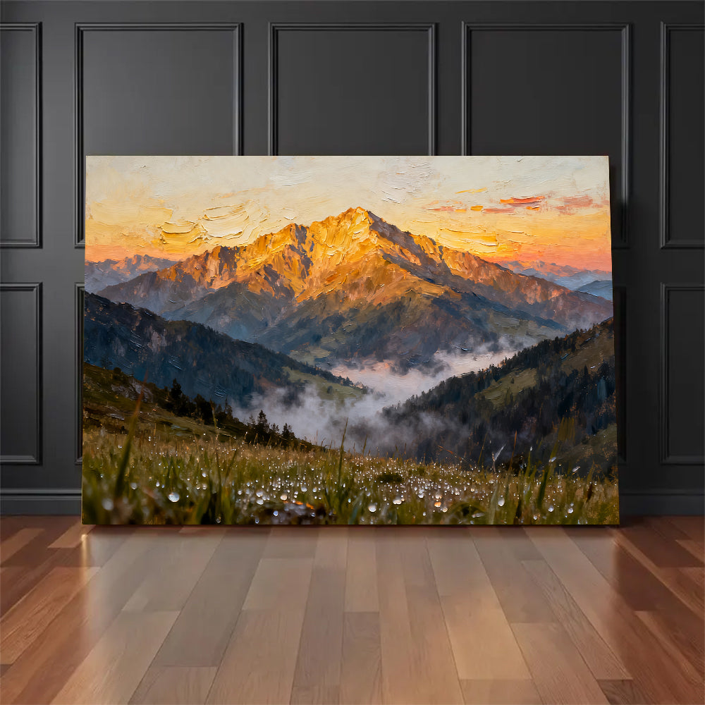 Sunlit Summit Meadow canvas wall art, floor display against a dark wall.