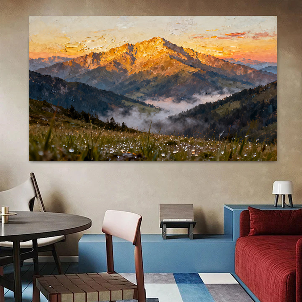 Sunlit Summit Meadow canvas wall art, colorful room mockup.