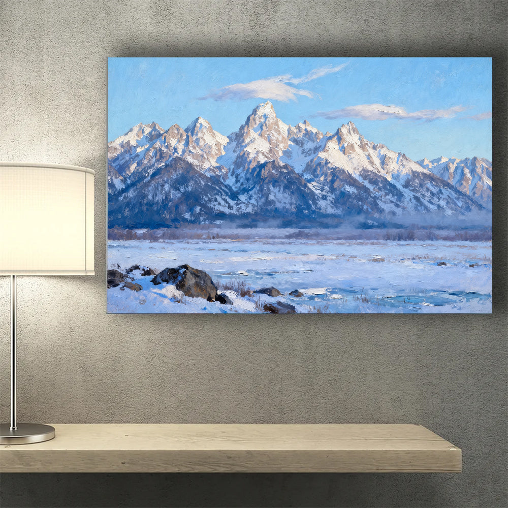 Clear Winter Peaks canvas wall art, wall mockup above a console.