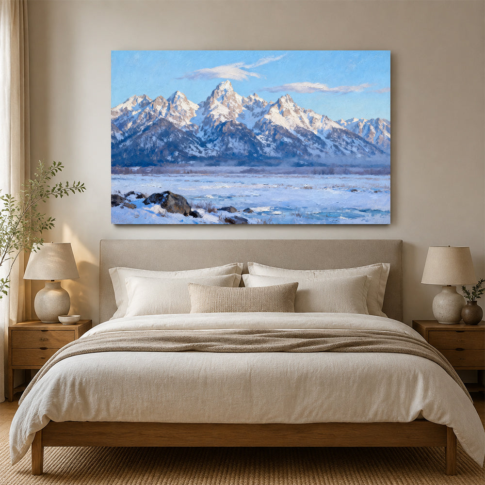 Clear Winter Peaks canvas wall art, bedroom mockup above a bed.