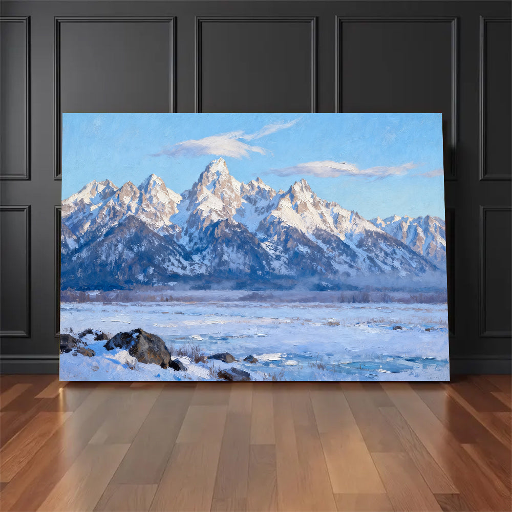 Clear Winter Peaks canvas wall art, floor display against a dark wall.