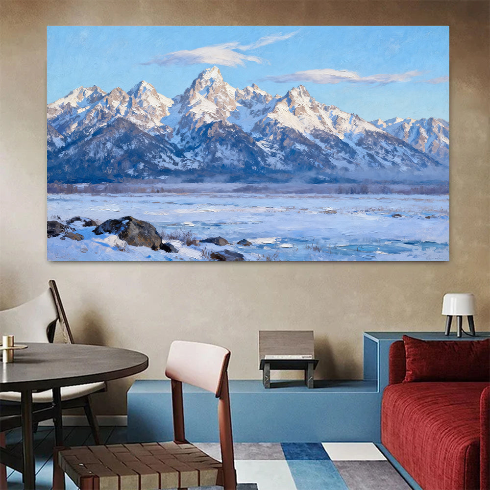 Clear Winter Peaks canvas wall art, colorful room mockup.