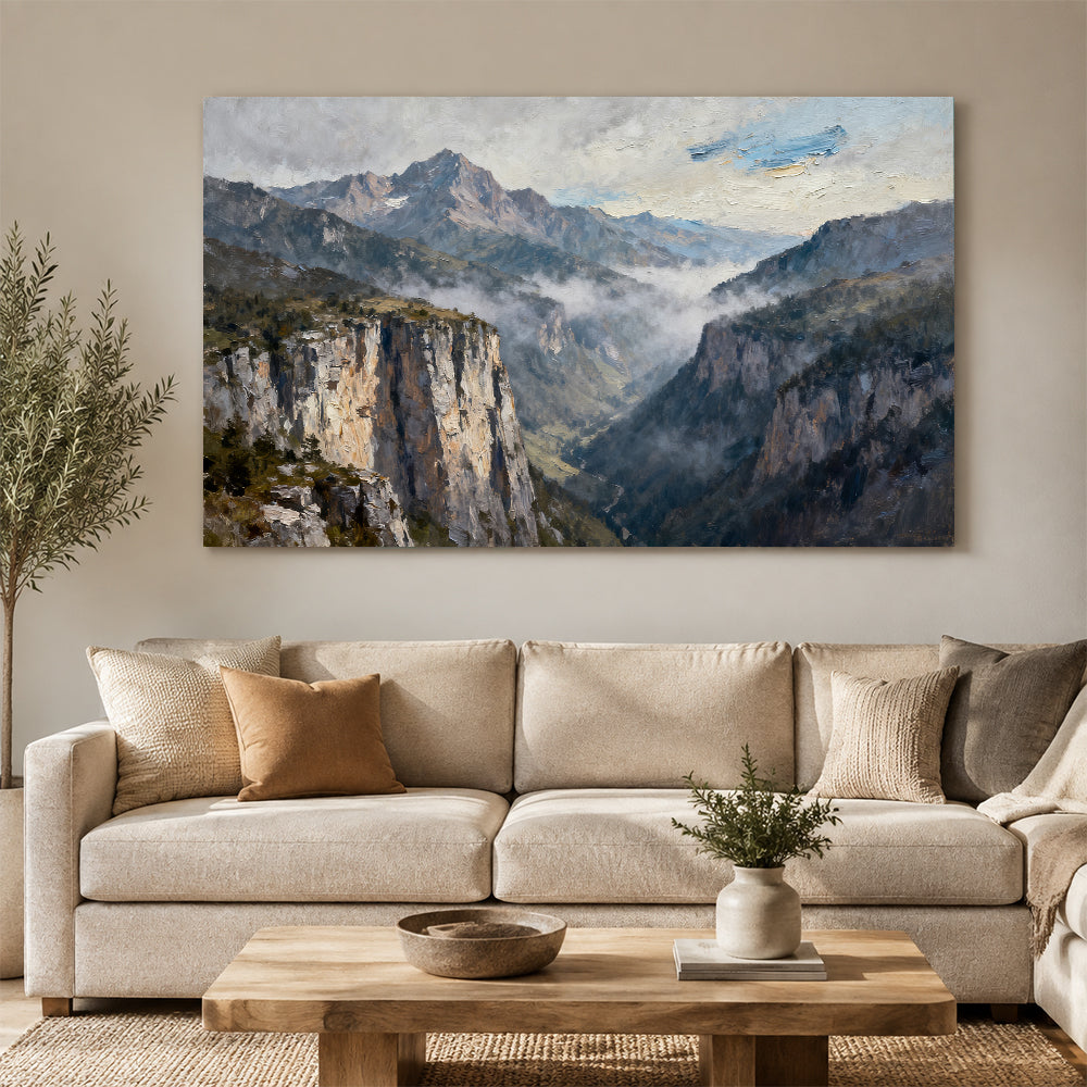 Silver Mist Granite Cliffs canvas wall art, living room mockup above a sofa.
