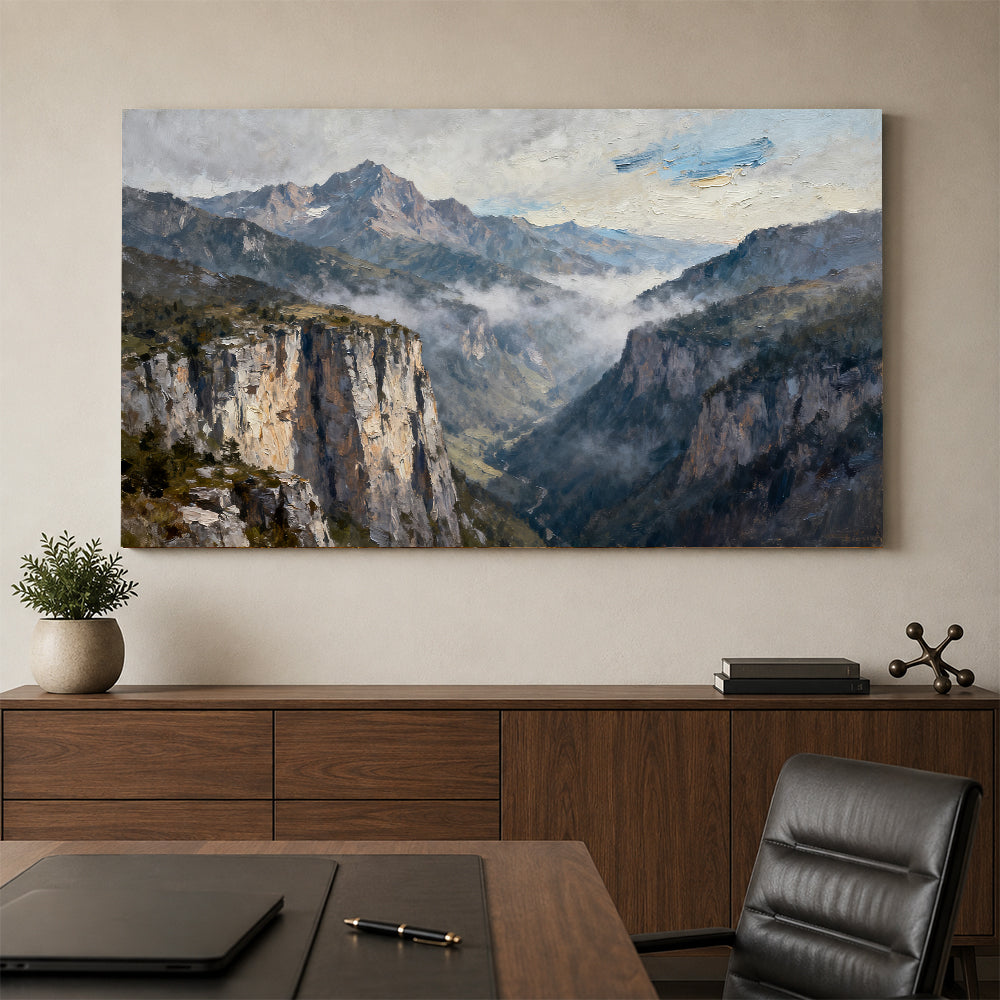 Silver Mist Granite Cliffs canvas wall art, office mockup above a desk.