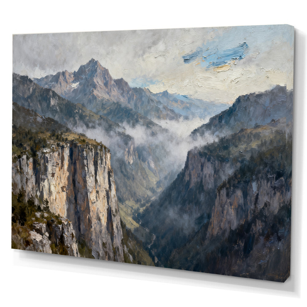 Silver Mist Granite Cliffs canvas wall art, angled canvas mockup on a white background.
