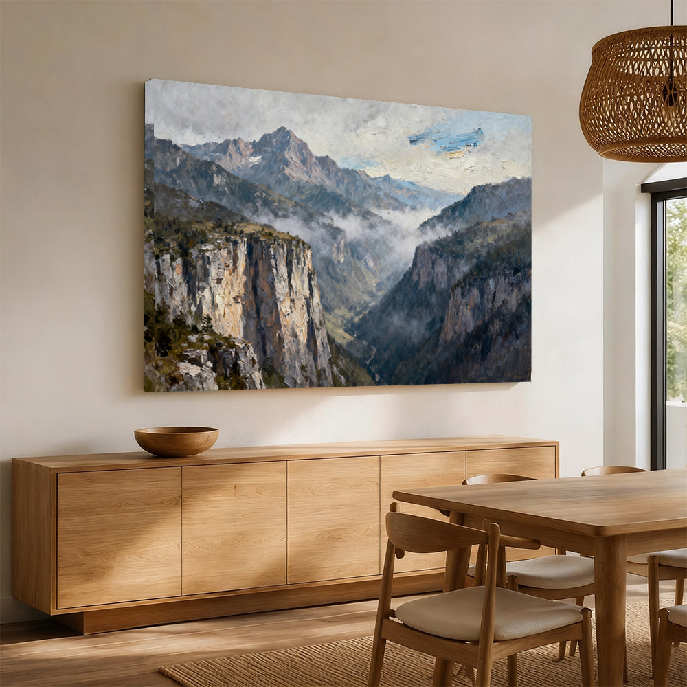 Silver Mist Granite Cliffs canvas wall art, angled mockup above a sideboard.