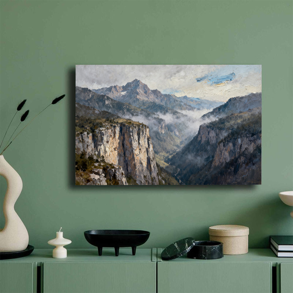 Silver Mist Granite Cliffs canvas wall art, mockup on a green wall.