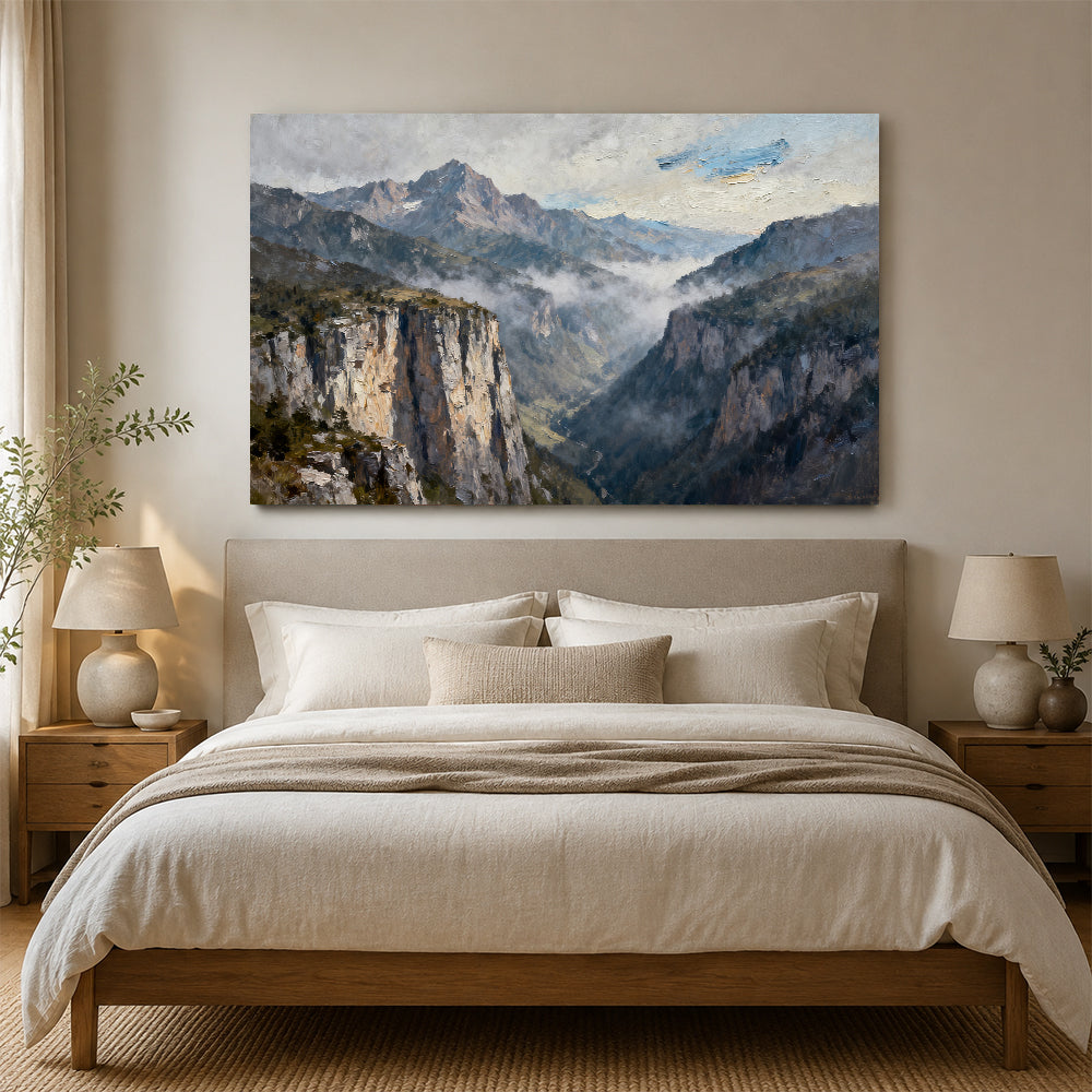Silver Mist Granite Cliffs canvas wall art, bedroom mockup above a bed.