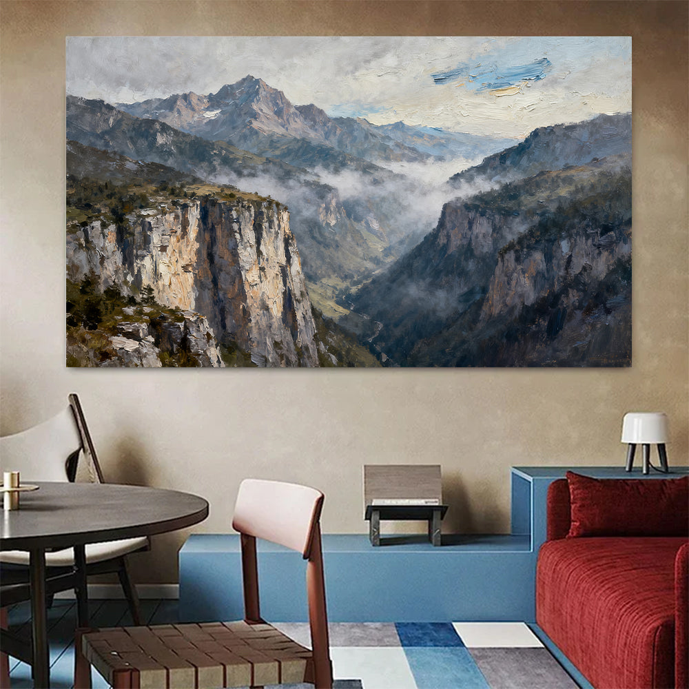 Silver Mist Granite Cliffs canvas wall art, colorful room mockup.