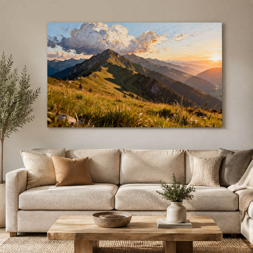 Golden Grass Mountain canvas wall art, living room mockup above a sofa.