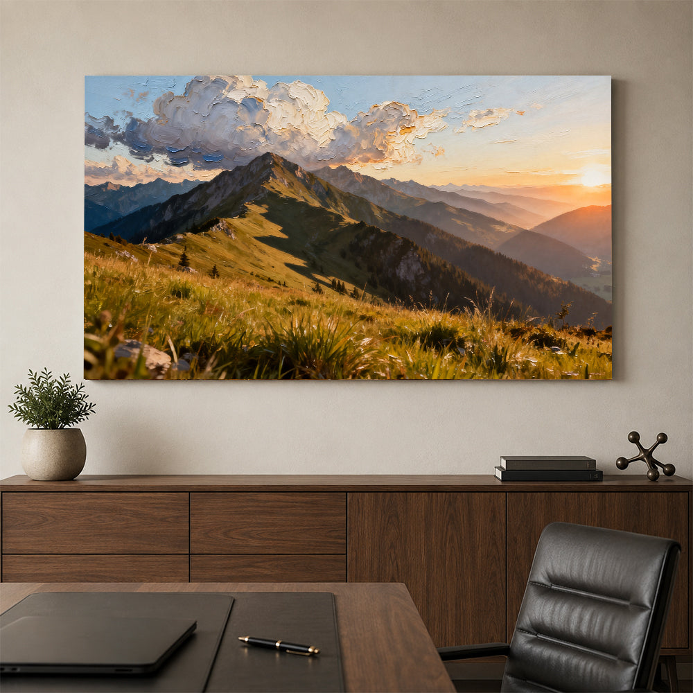 Golden Grass Mountain canvas wall art, office mockup above a desk.