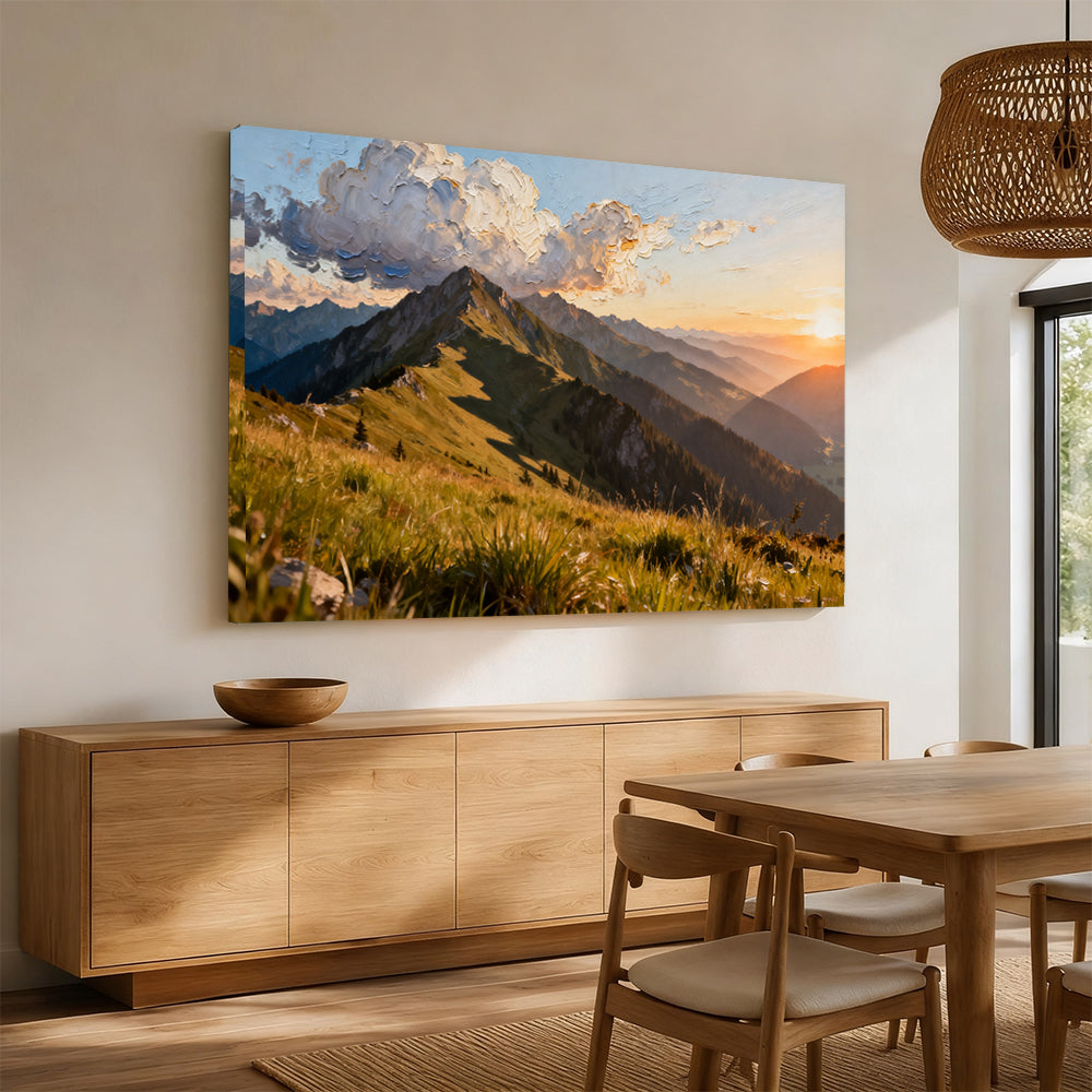 Golden Grass Mountain canvas wall art, angled mockup above a sideboard.