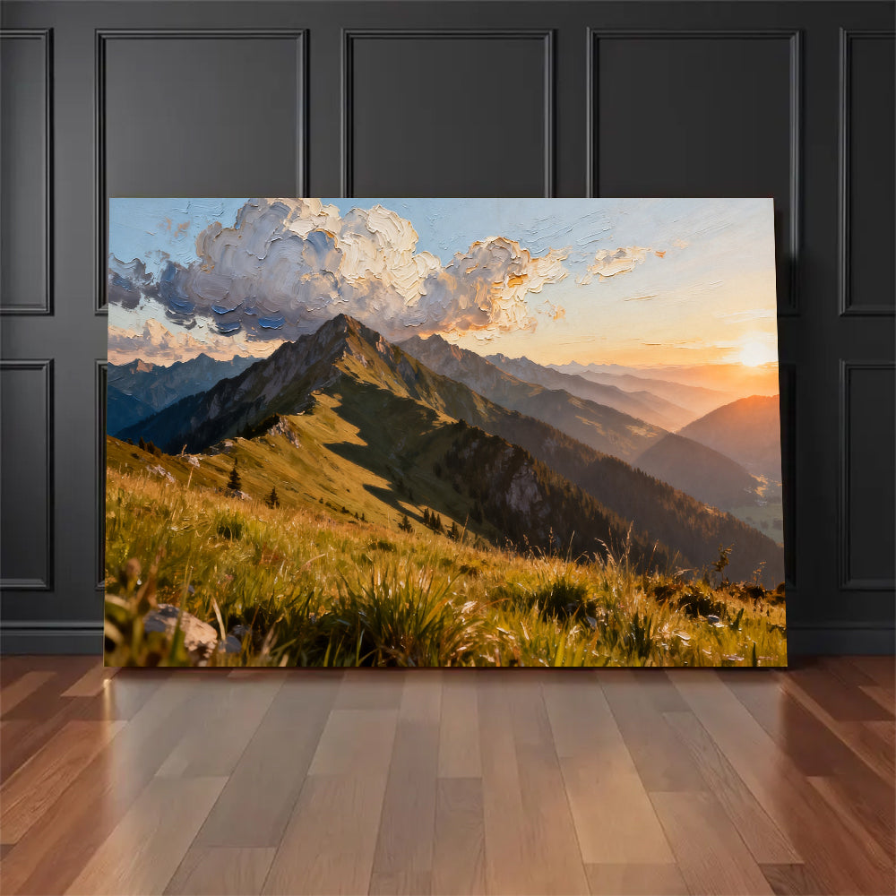 Golden Grass Mountain canvas wall art, floor display against a dark wall.