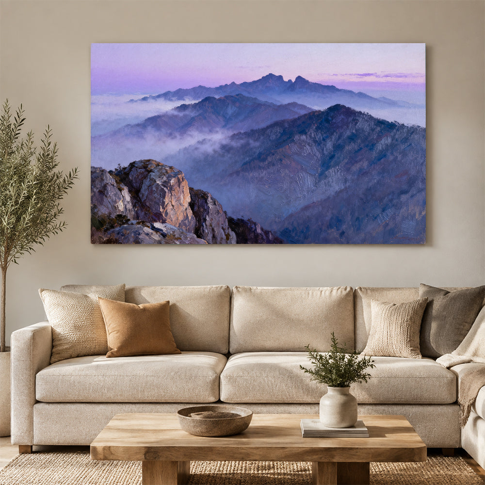 Purple Mountain Haze canvas wall art, living room mockup above a sofa.