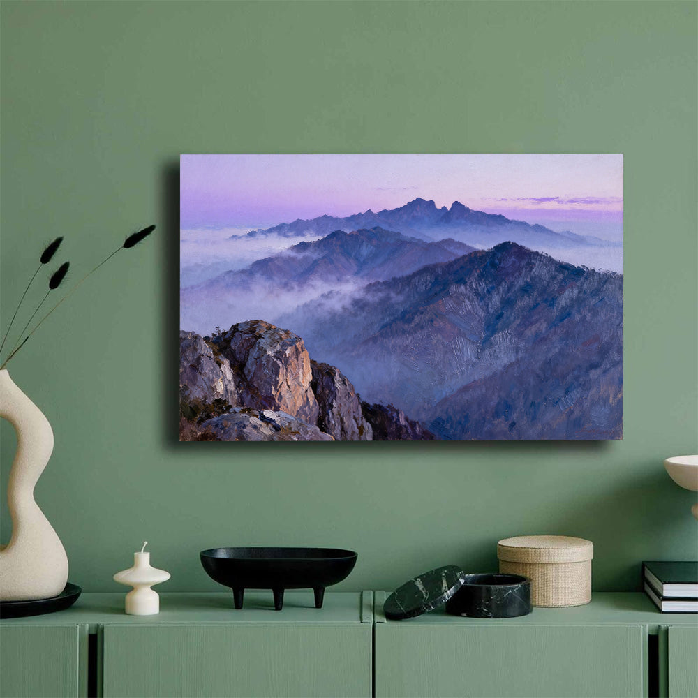 Purple Mountain Haze canvas wall art, mockup on a green wall.