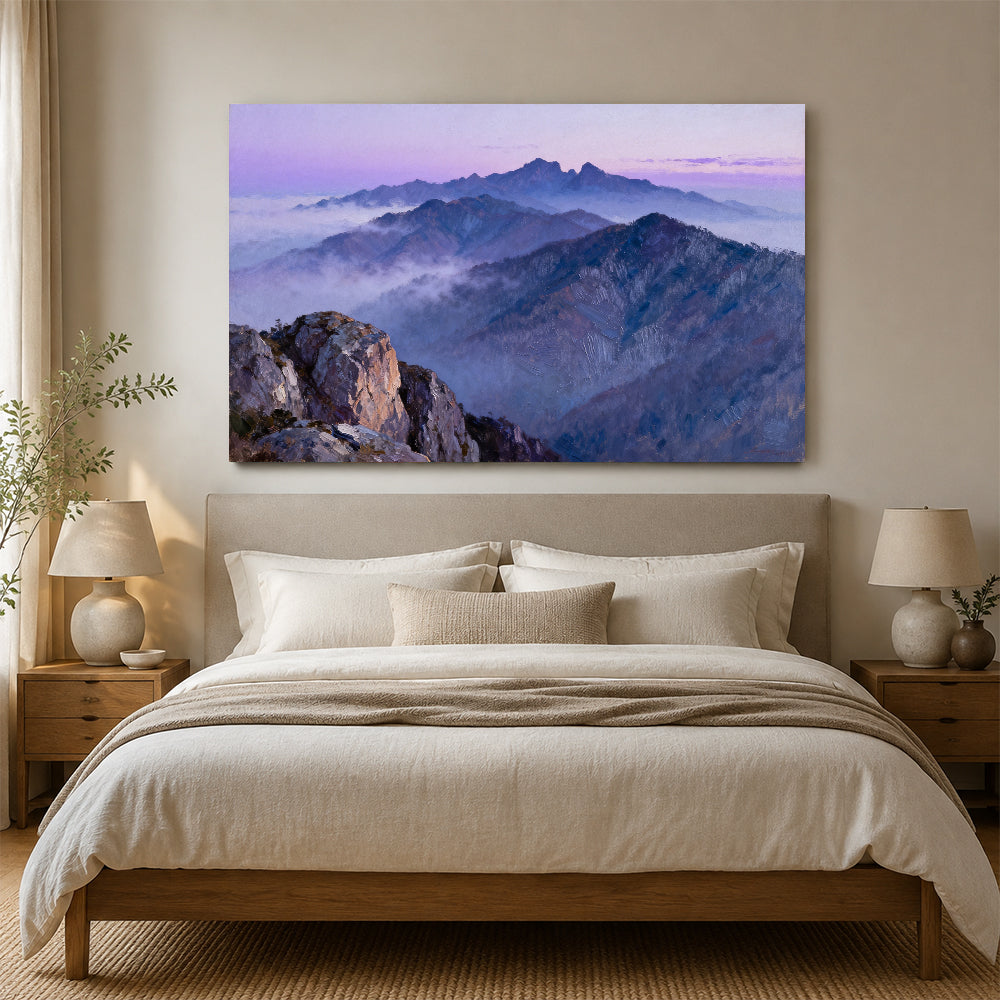 Purple Mountain Haze canvas wall art, bedroom mockup above a bed.