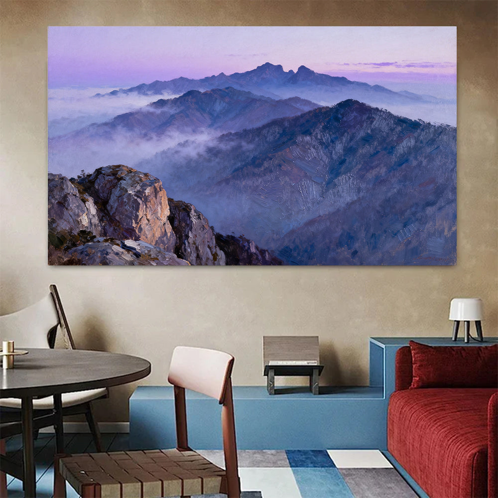 Purple Mountain Haze canvas wall art, colorful room mockup.