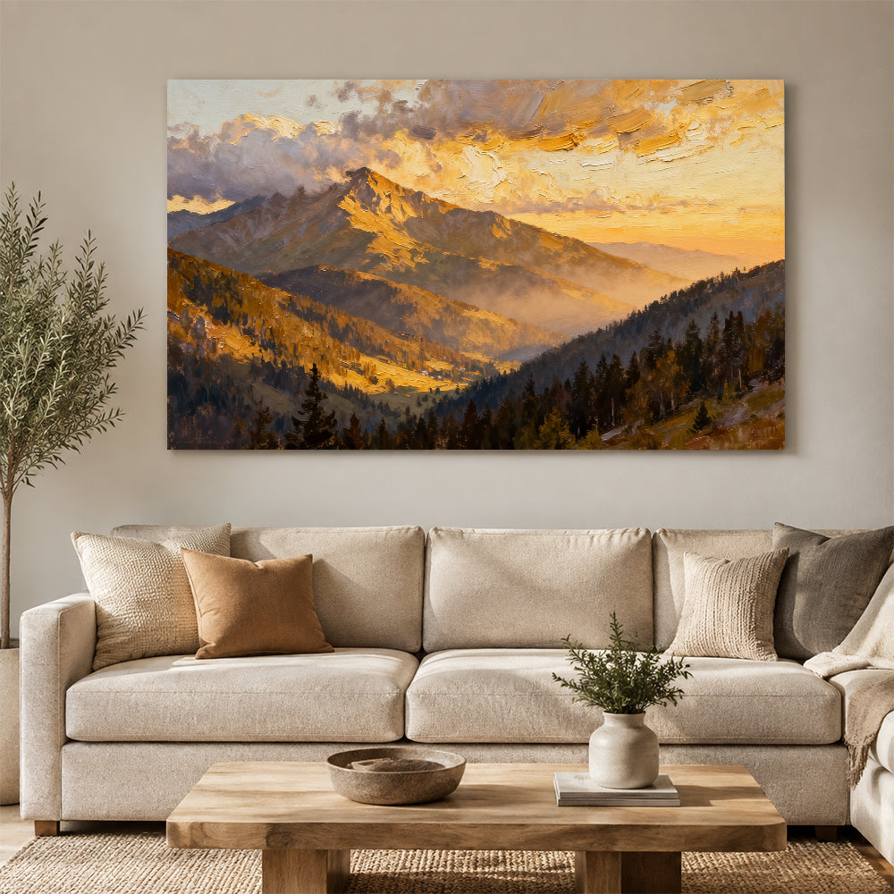 Golden Cloud Summit canvas wall art, living room mockup above a sofa.