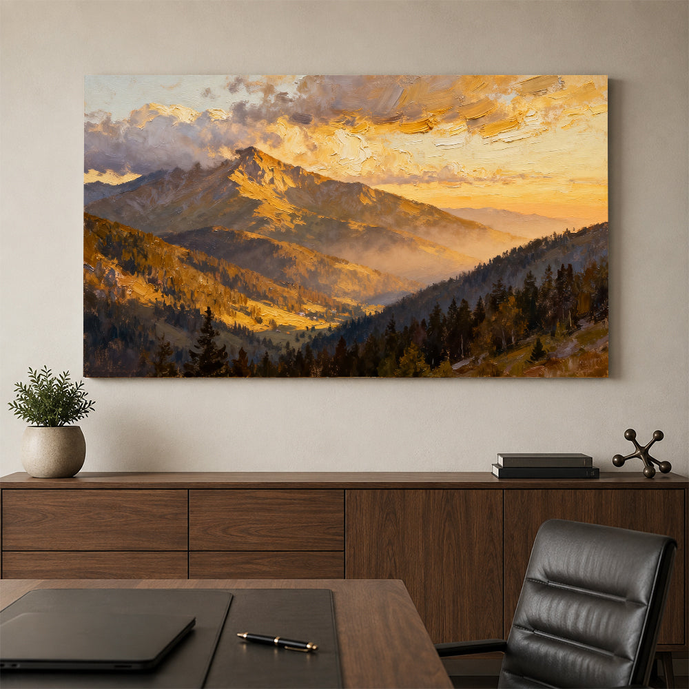 Golden Cloud Summit canvas wall art, office mockup above a desk.