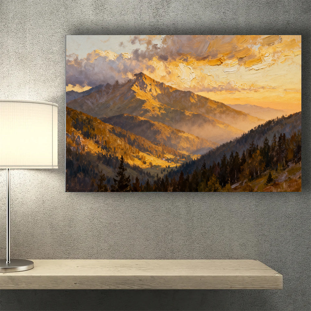Golden Cloud Summit canvas wall art, wall mockup above a console.