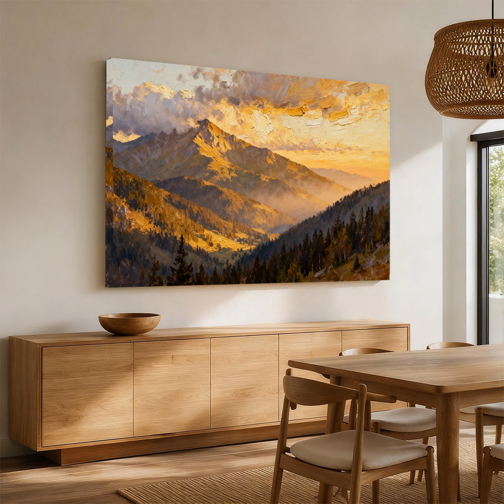 Golden Cloud Summit canvas wall art, angled mockup above a sideboard.