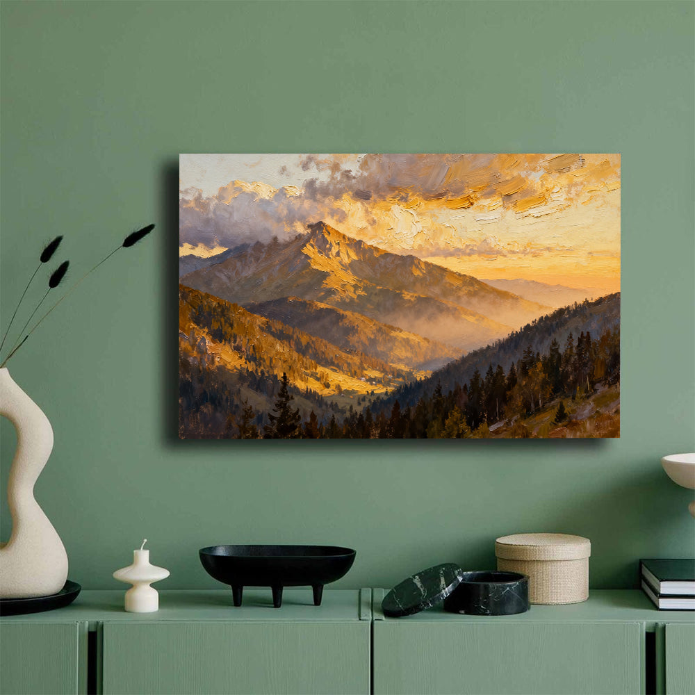 Golden Cloud Summit canvas wall art, mockup on a green wall.
