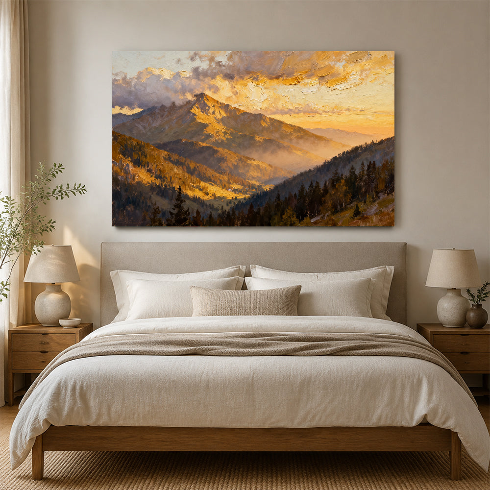 Golden Cloud Summit canvas wall art, bedroom mockup above a bed.