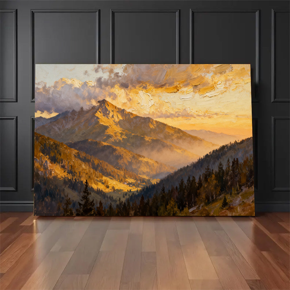 Golden Cloud Summit canvas wall art, floor display against a dark wall.