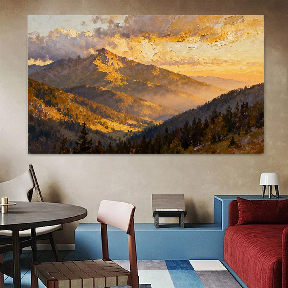 Golden Cloud Summit canvas wall art, colorful room mockup.