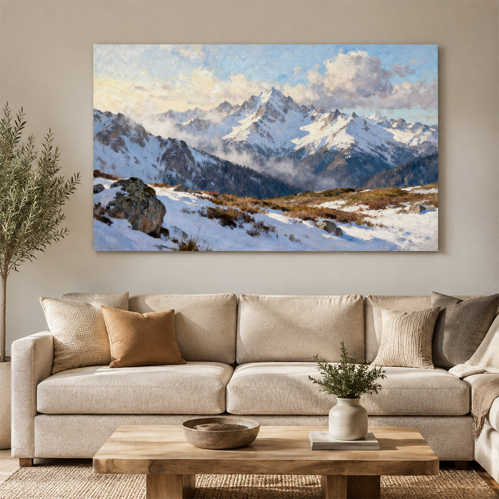 Snowy Alpine Outlook canvas wall art, living room mockup above a sofa.