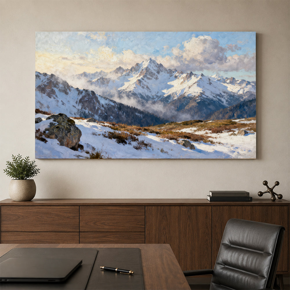 Snowy Alpine Outlook canvas wall art, office mockup above a desk.